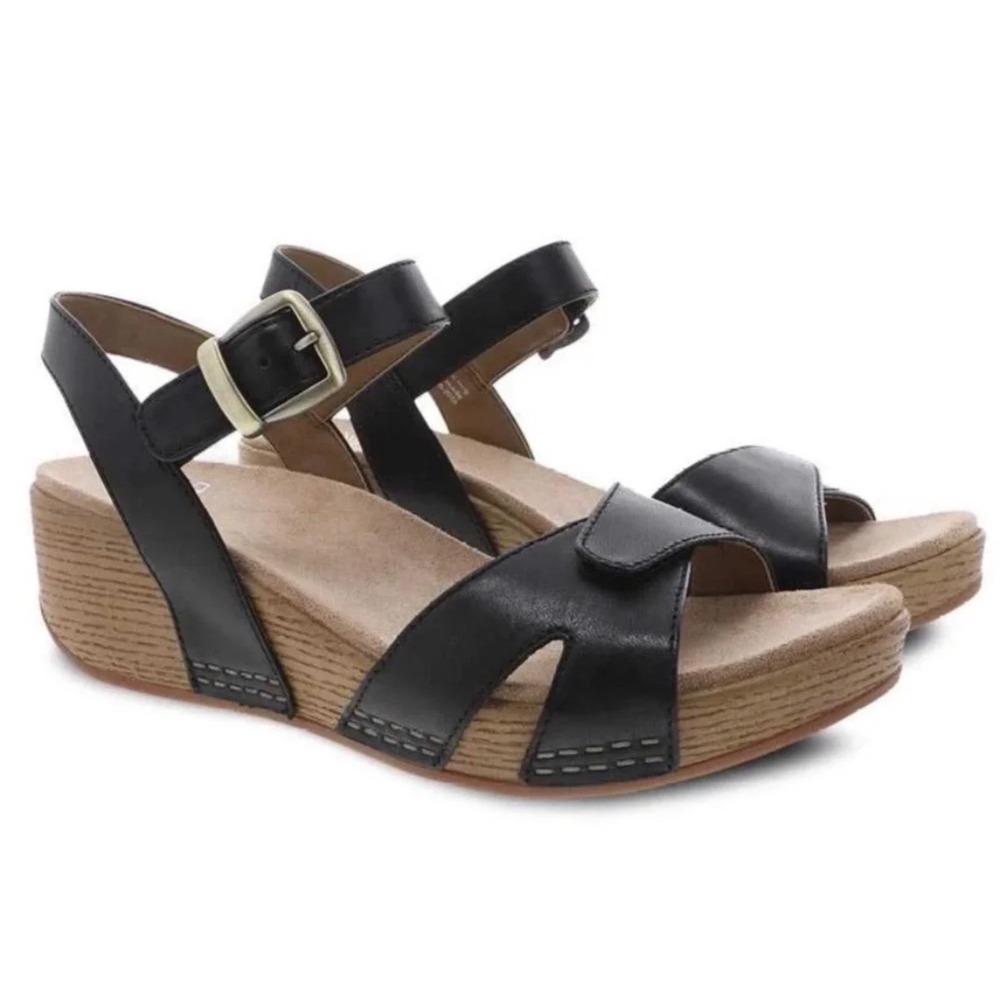 Dansko Laurie Wedge Sandal Black Leather Womens Size 36 Comfort Office‎ Minimal